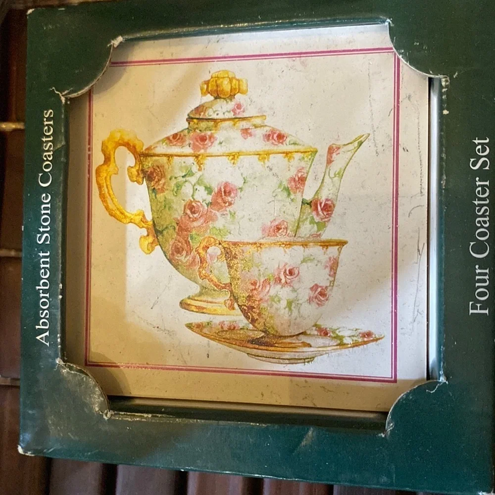 Stone Art the absorbent coaster teacup picture set of 4 new in box